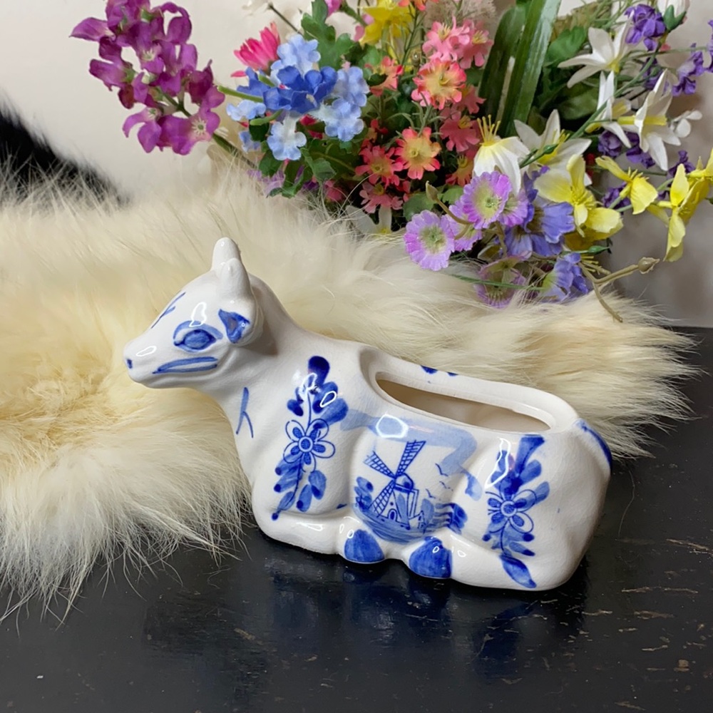 Vintage White and Blue Delft-Style Ceramic Cow Planter
